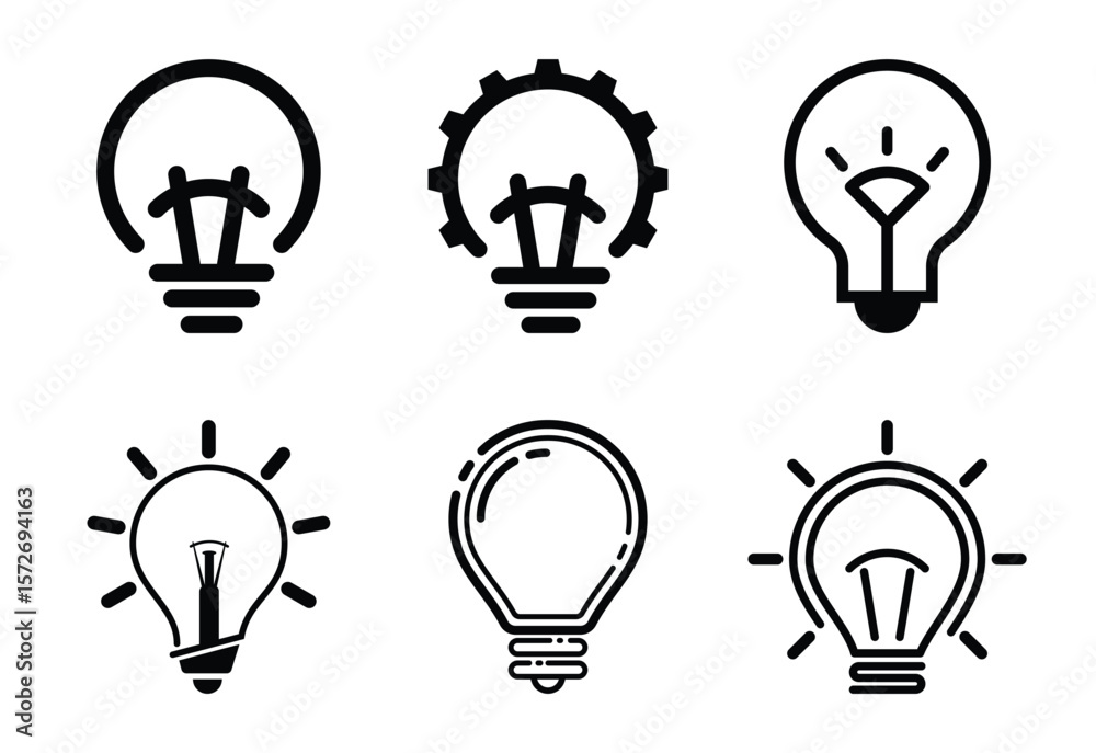Collection of six stylized black light bulb icons representing innovation and ideas Collection of six stylized black light bulb icons representing innovation and ideas