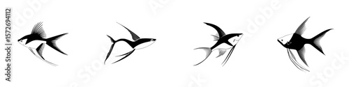Silhouette pictograms of various fish species showcasing unique shapes and fin designs in a minimalist vector style