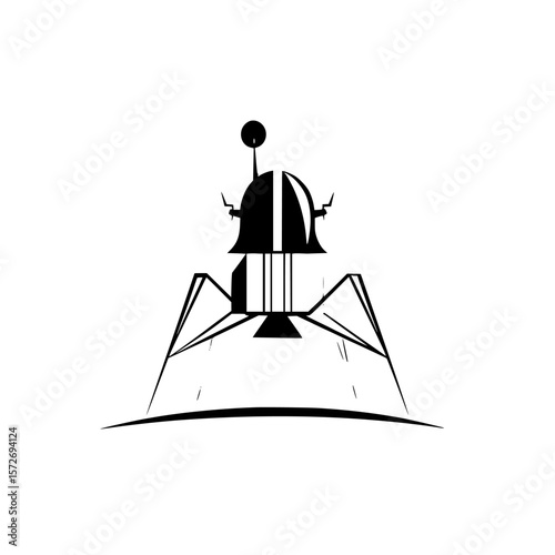 Silhouette pictogram of a lunar lander on a celestial body representing space exploration activities and innovations