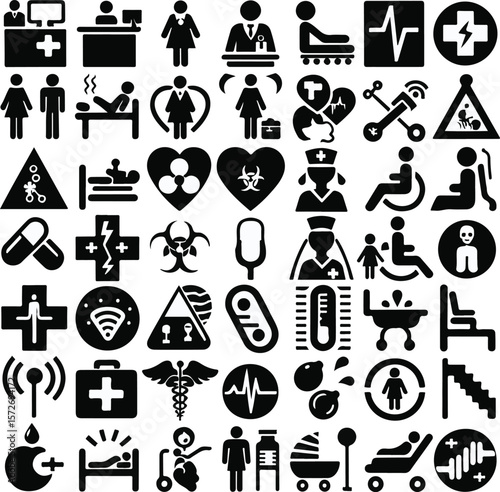 Vector art of a comprehensive set of medical icons representing various healthcare aspects isolated on transparent background