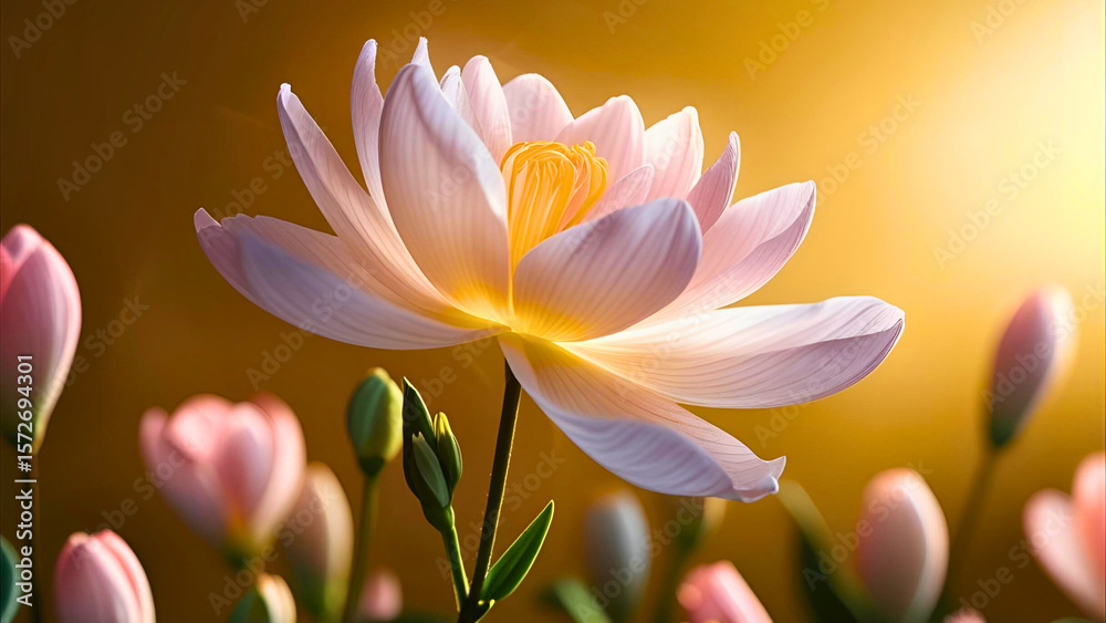 Fototapeta premium Delicate lotus flower blossoms with soft light and gentle petals against a warm golden background.