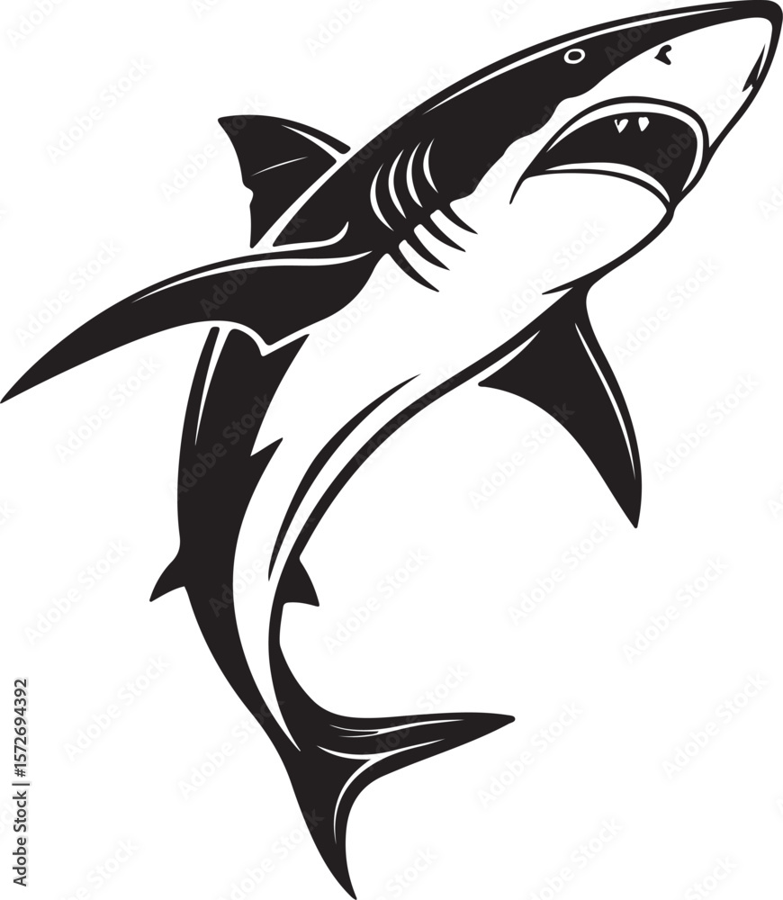 Fototapeta premium Dynamic vector image of a shark jumping above the ocean surface, showcasing its powerful form