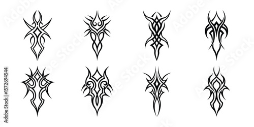 Vector art of collection of eight bold tribal tattoo designs in black and white, set of tattoo design on white background