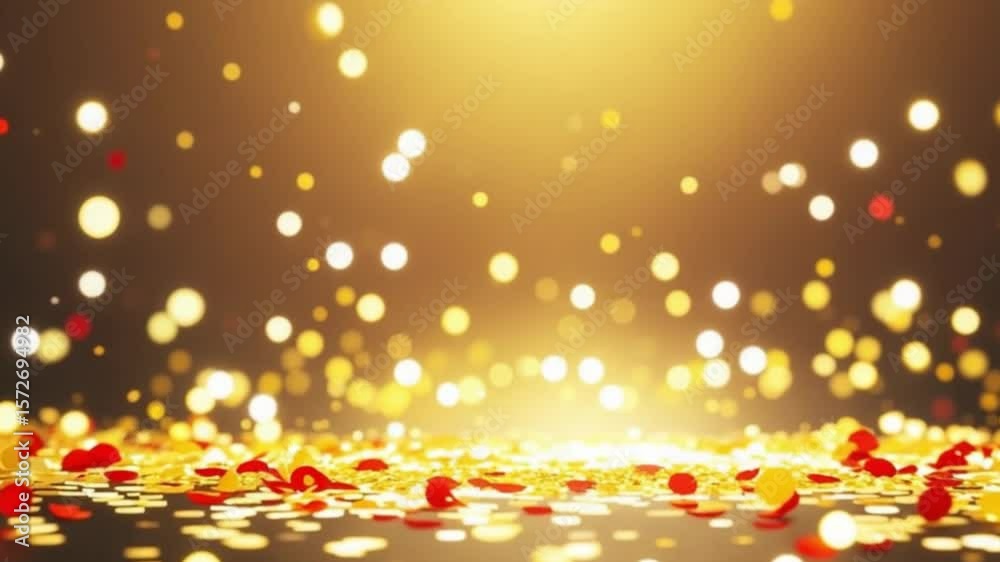 4k Ultra H D Golden Confetti Celebration Background Looping Animation Festive Sparkling Lights Red Gold Glitter Particles Shimmering Bokeh Effect High Quality Download Perfect