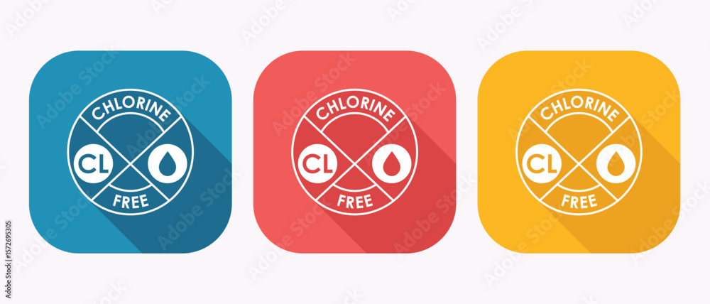 Naklejka premium Chlorine Free Icon Set Modern Flat Design, Blue, Red, and Yellow App Buttons.