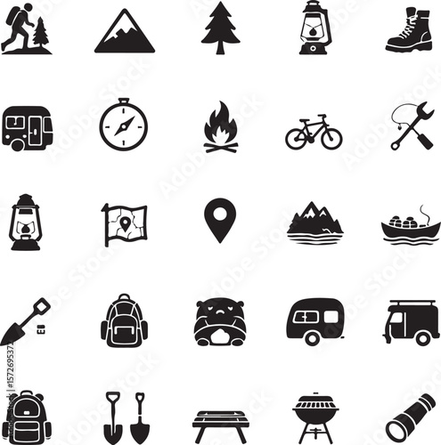 Vector art of camping and hiking icons a complete set of outdoor adventure symbols isolated on transparent background