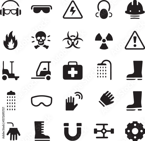 Vector art of essential safety icons for workplace hazards isolated on transparent background