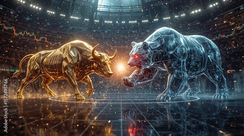 Bitcoin Bull vs. Crypto Bear – Epic Clash in Futuristic Digital Arena (Symbolic Battle of Market Forces)