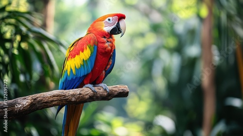 Vibrant macaw perched on a branch.