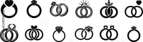 Collection of Wedding Ring Icons in Black and White Silhouette Style for Graphic Design Projects