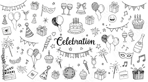 Doodle sketch vector illustration of celebration-themed items with the word "Celebration" on transparent background for festive design