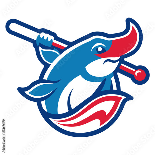 Baseball-swinging whale mascot surrounded by water spray, drawn in bold strokes and framed in a sporty chrome red-blue crest.