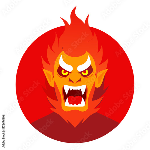 Cyber-demon with fiery hair and fanged grin, snarling over a red backdrop in a bold and aggressive esports logo format.