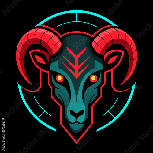 Neon ram mascot with spiraled horns and red eyes, surrounded by cyber circuitry, perfect for tactical team vector designs.