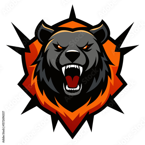 Fierce bear head bursting through flames and shattered rock in a spiked crest, designed for dominant vector logo impact.