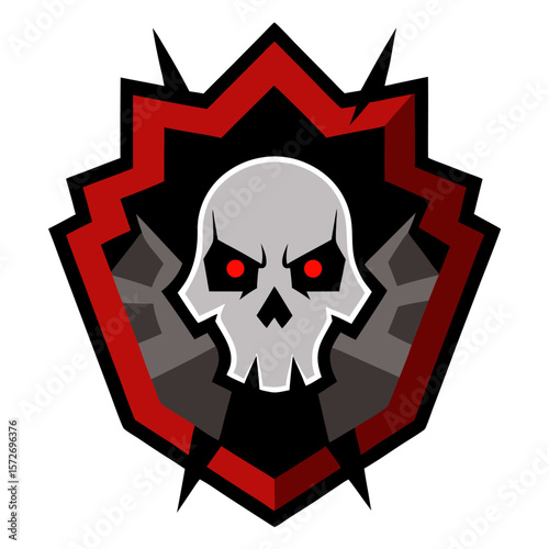 Pixelated skull emblem in a gothic crimson shield, surrounded by digital shards for a hardcore vector esports look.