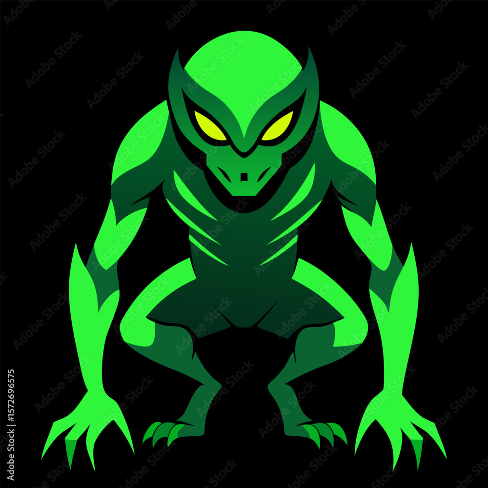 Obraz premium Neon green alien creature crouched in stealth with glowing features, set against a sci-fi vector backdrop for team branding.