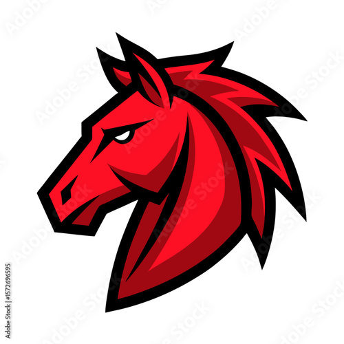 Sharp-edged stallion emblem in rich red tones, created in clean vector layers for a commanding esports logo.