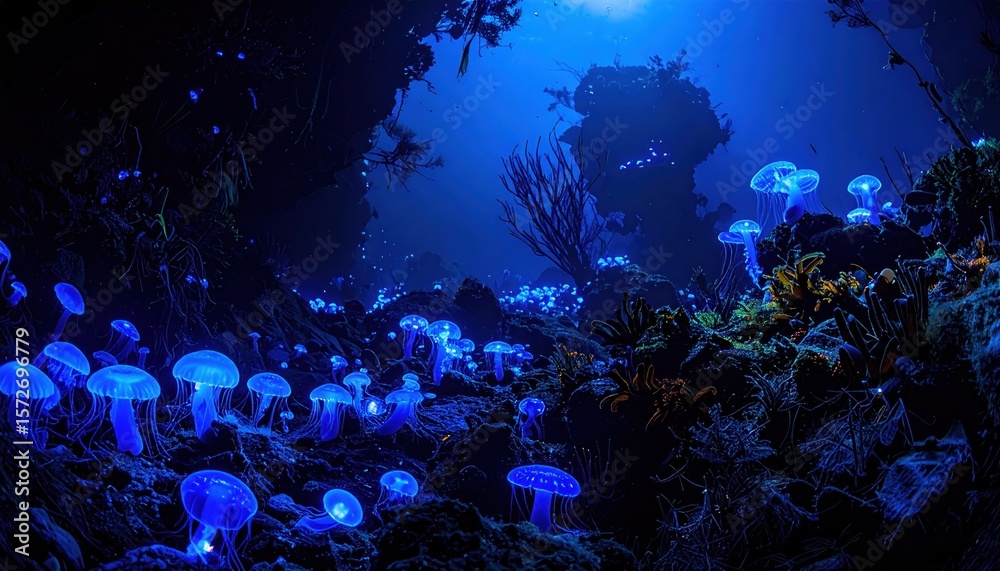 Fototapeta premium Underwater dreamscape: Bioluminescent jellyfish garden in the deep ocean abyss