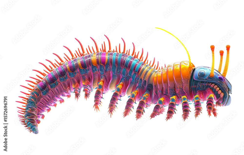 Obraz premium Vibrant Bio-Mechanical Caterpillar, Isolated on Transparent PNG, Psychedelic Design