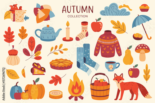 Decorative Hand-Drawn Autumn Set – Vector Elements Including Leaves, Plants, and Seasonal Icons for Autumn Design, Invitations, Greeting Cards, Posters, and Web Illustration Projects

