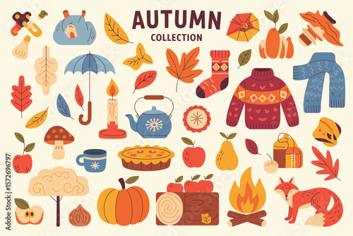 Hand-Drawn Autumn Collection – Decorative Vector Elements Including Leaves, Branches, Acorns, and Seasonal Symbols for Fall Cards, Posters, Invitations, Stickers, and Creative Design Projects

