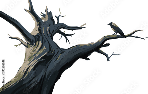 A solitary crow perches on a gnarled dead tree branch against a white background