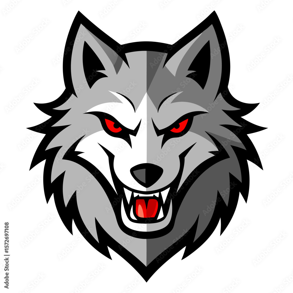 Fototapeta premium Fierce grey wolf head with glowing red eyes and bared teeth