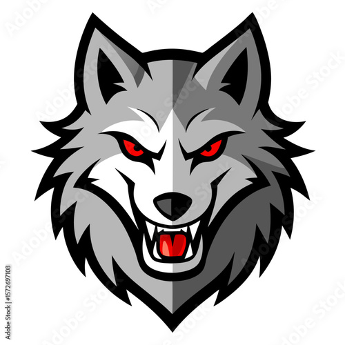 Fierce grey wolf head with glowing red eyes and bared teeth