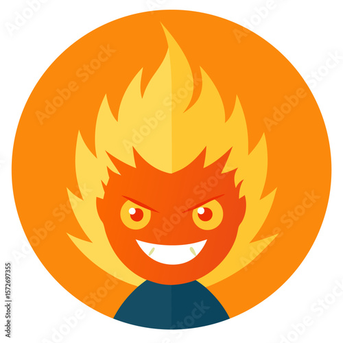 Fiery orange character with flame-like hair and menacing grin, framed within a blazing vector badge.