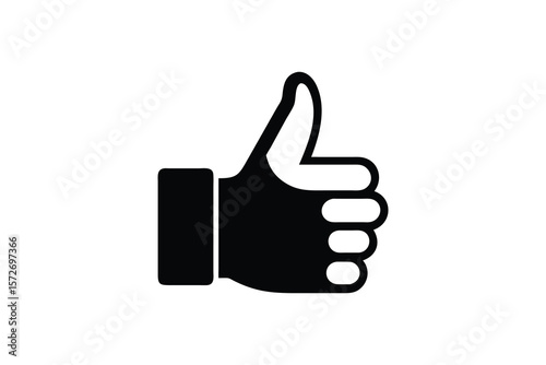 Simple black silhouette of a thumbs up gesture against a clean white background representing approval and positivity