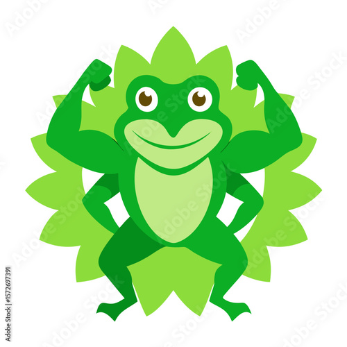 Cartoon frog flexing muscles with green leaves behind it on white background