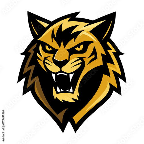 Fierce golden bobcat mascot head roaring with aggression and power