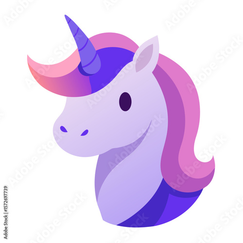 Stylized illustration of a purple unicorn head with a pink and purple mane