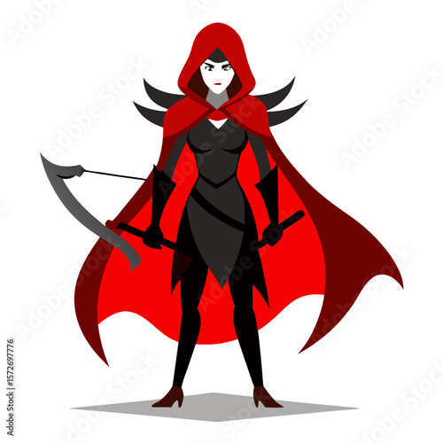 Mysterious female warrior with a scythe and flowing red cape