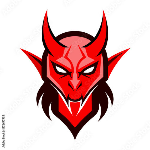Fierce red devil face with sharp horns and fangs