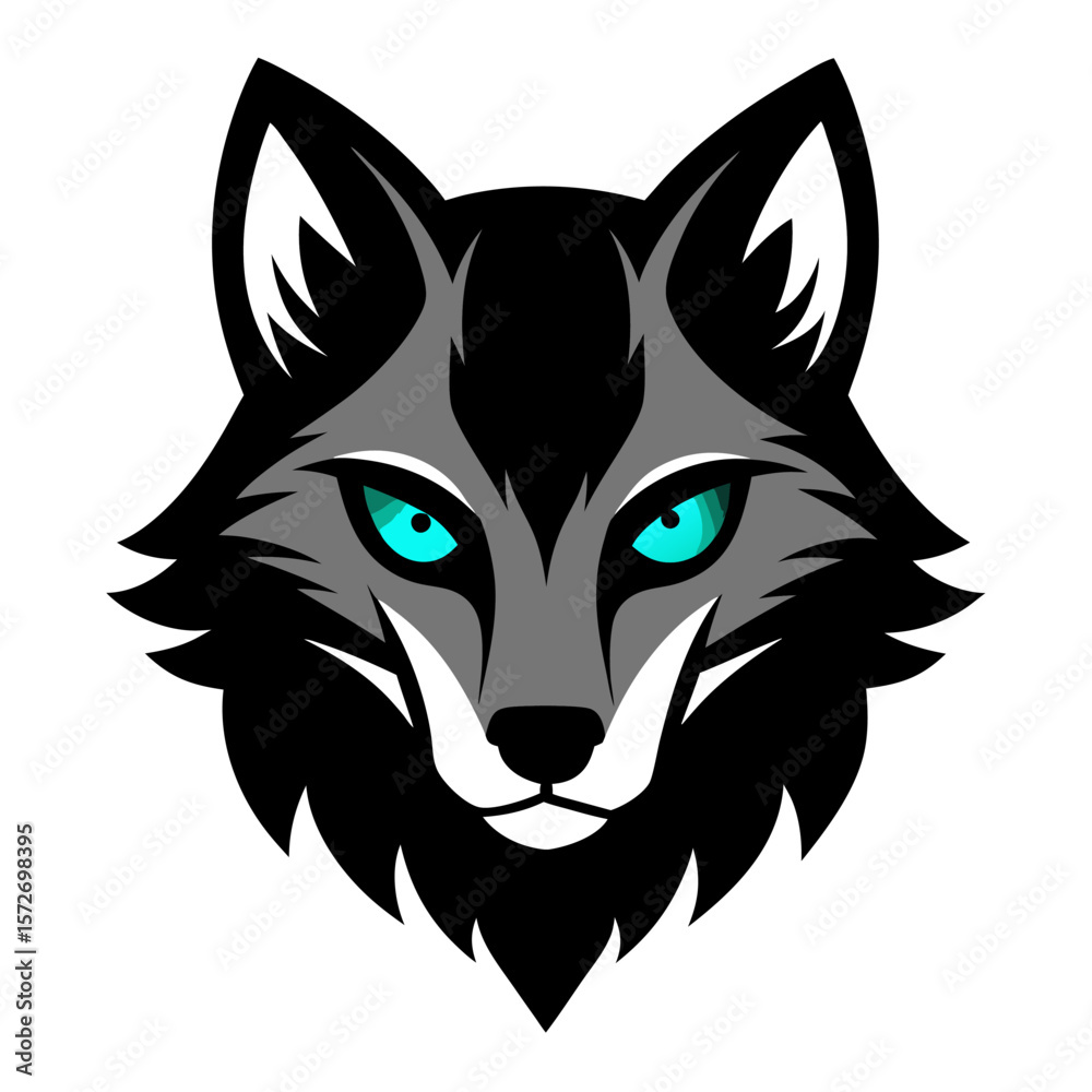 Obraz premium Dramatic Wolf Face with Cyan Glowing Eyes, Rendered in Monochrome Contrast and Misty Highlights