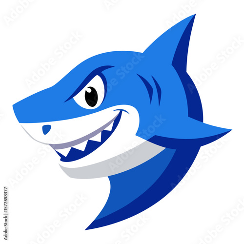 Cartoon-Style Blue Shark Head with Confident Grin and White Highlights in Angular Design