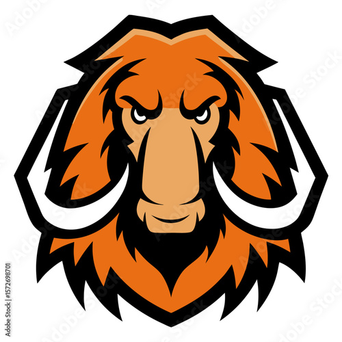 Stylized orange mammoth head mascot with tusks and fierce expression