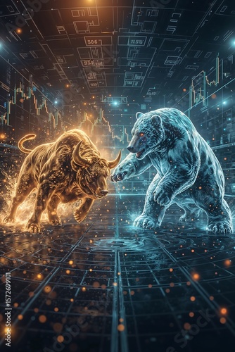 Bitcoin Bull vs. Crypto Bear – Epic Clash in Futuristic Digital Arena (Symbolic Battle of Market Forces)
