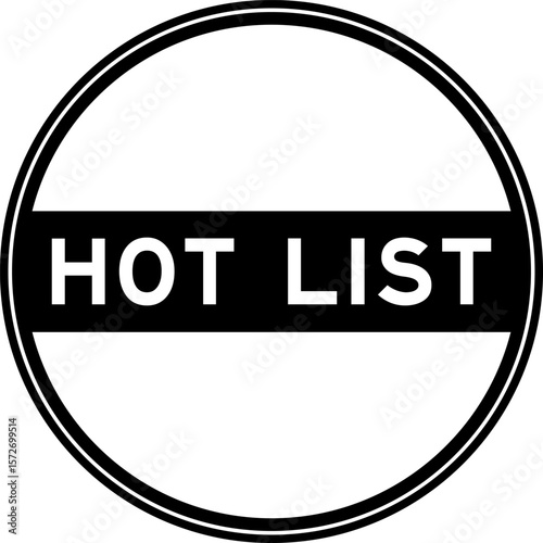 Black color round seal sticker in word hot list on white background