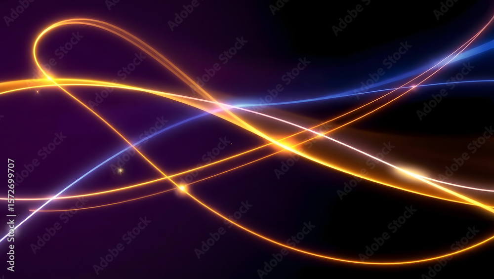 Naklejka premium Abstract Light Trail Dynamics: Dynamic light trails in shades of gold and blue weave and dance against a deep, dark backdrop, suggesting motion and energy in a futuristic and aesthetic design.