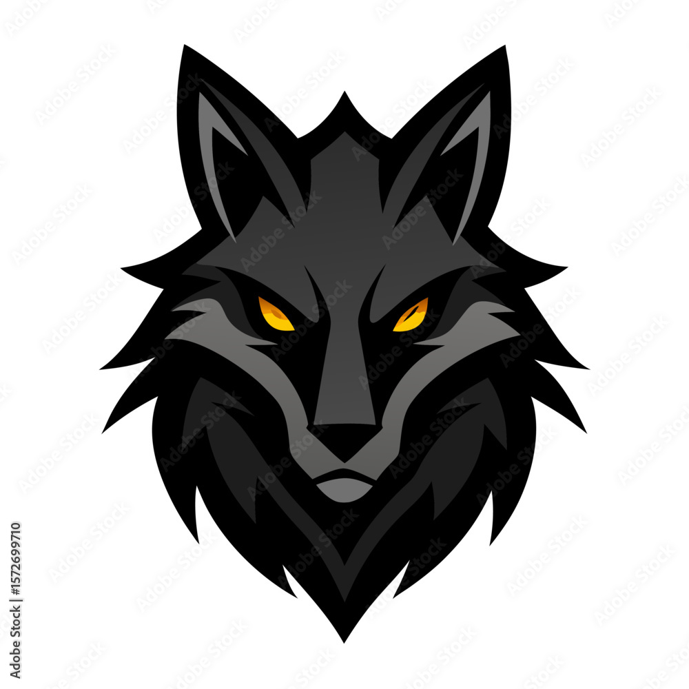 Obraz premium Fierce black wolf head with glowing yellow eyes and sharp features