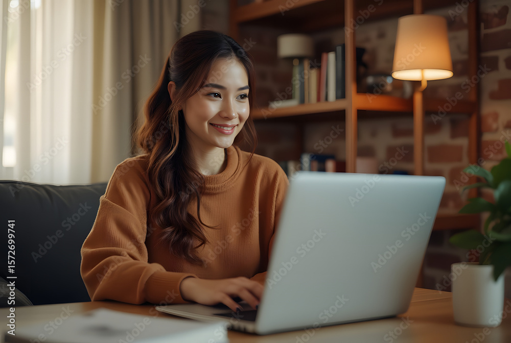 Smiling young woman working on laptop at home, warm evening light, cozy atmosphere, comfortable living room. Smiling young woman working on laptop at home, warm evening light, cozy atmosphere, comfortable living room.