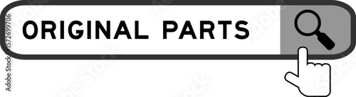 Search banner in word original parts with hand over magnifier icon on white background