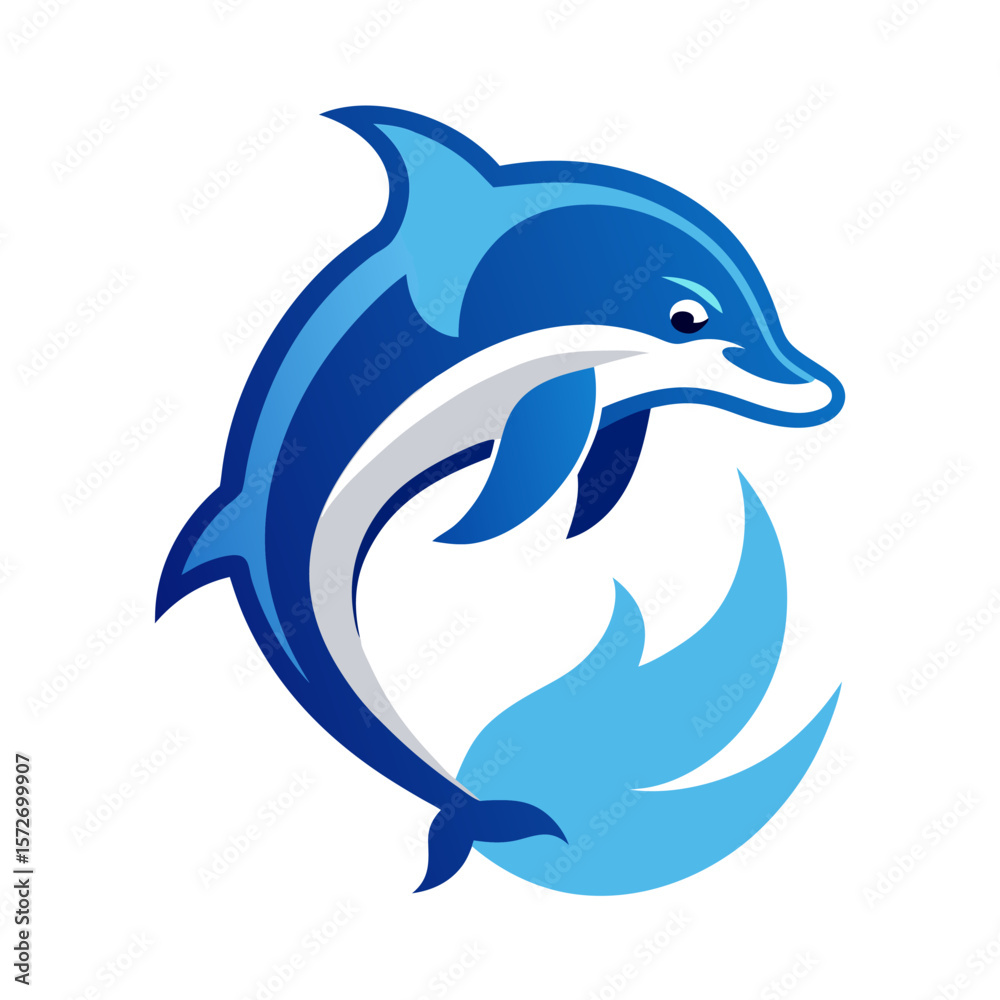 Fototapeta premium Jumping Dolphin Mascot Logo in Soft Blues and Whites with Friendly Features and Wave Motif