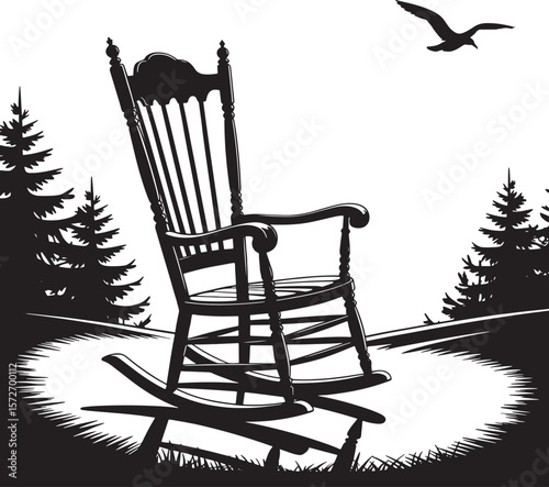 Serene Rocking Chair in Forest Silhouette: Peaceful Nature & Outdoor Relaxation