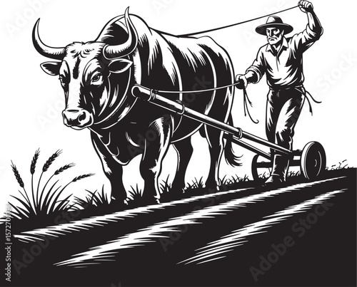  Traditional Farmer & Ox Plowing Field Silhouette: Rural Agriculture & Cultivation