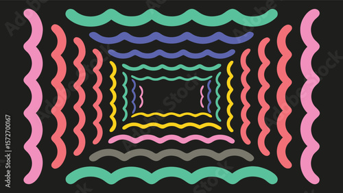 Colorful wavy lines creating a tunnel effect on a black background with a central empty space