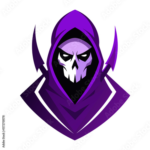 Purple grim reaper skull mascot with crossed scythe blades logo